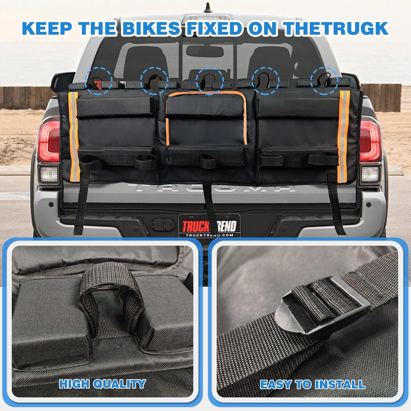 52" Truck Bike Tailgate Pad for 5 Bikes Bed Rack Holder, Universal Outdoors Thickened Tailgate Cover with Tool Pockets Scratch Shield and Locking