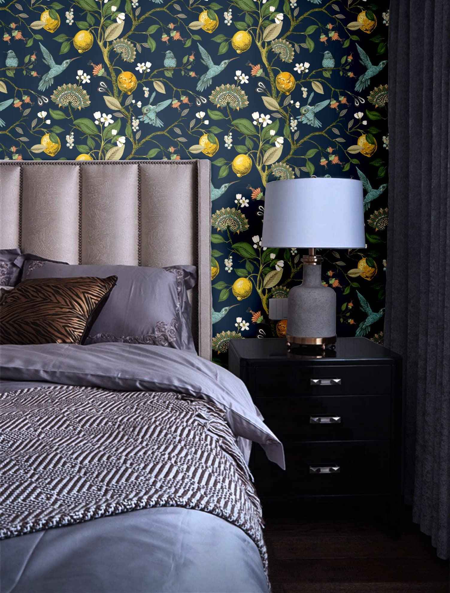 Blooming Wall Blue Bird Fresh Lemon Tree Peel and Stick Wallpaper Removable Self Adhesive Wall Mural Wall Decor, 14.5 Square Ft/Roll