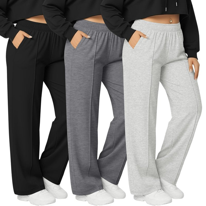 Neer 3 Pack Women's Plus Size Sweatpants, Wide Leg Lounge Pants Elastic Waist Baggy Pant with Pockets Casual Loose Fit Bottom(Black, Dark Heather Gray, Light Heather Gray,3X-Large)