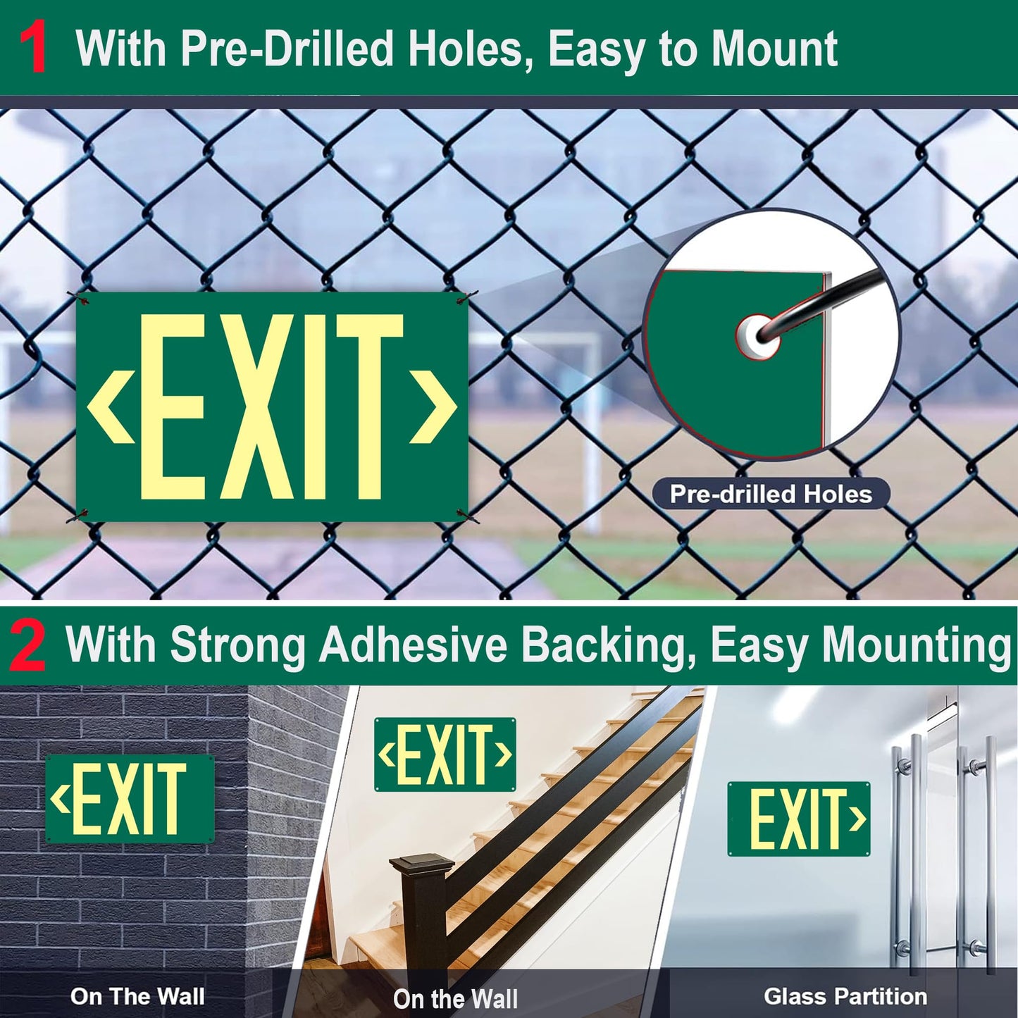 3Pack Photoluminescent Exit Sign Green - 14.25"x 7.5" Aluminum - Adhesive Backing- Includes 6pcs Removable Arrows - Glow In The Dark Exit Signs