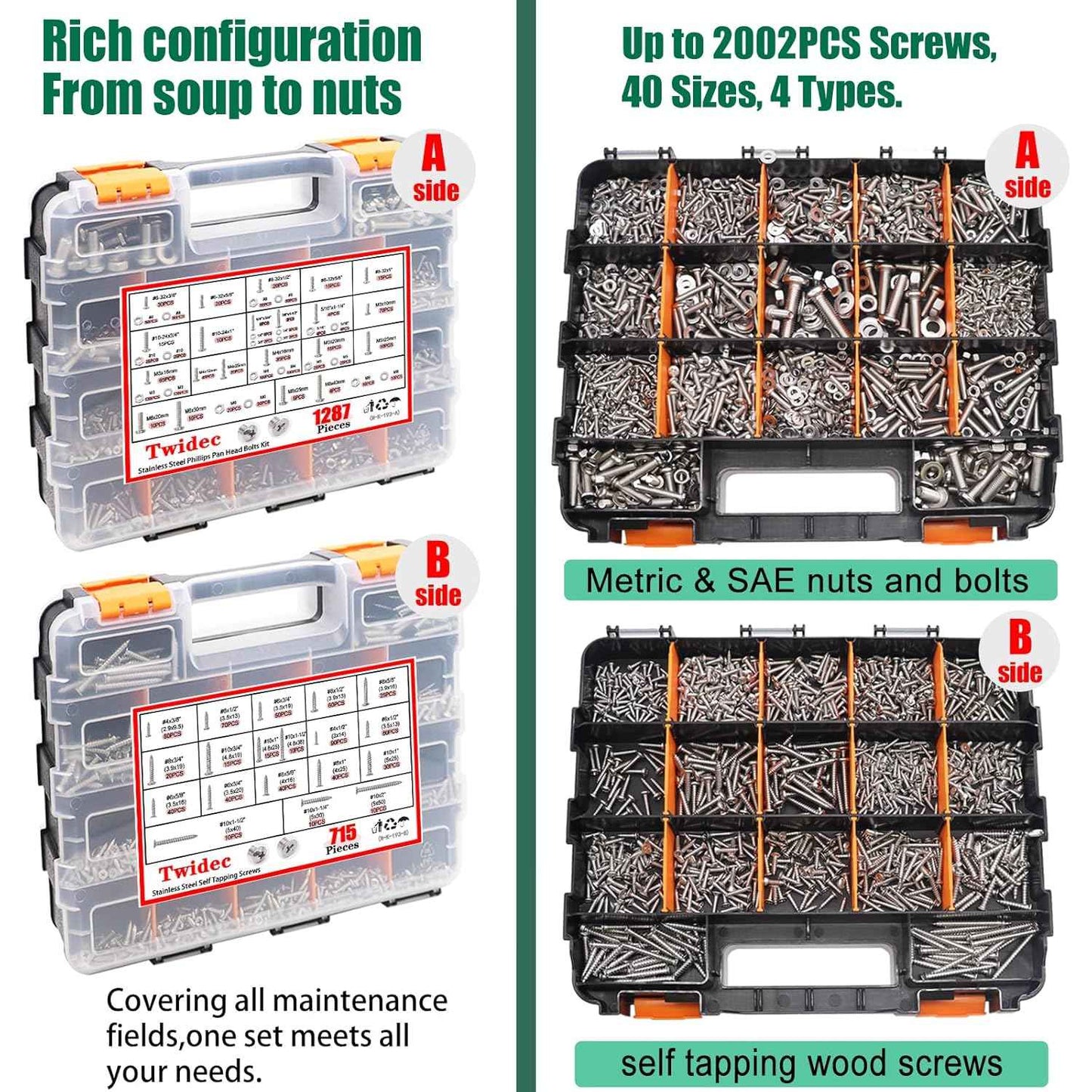 2002PCS Stainless Steel Hardware Assortment Kit - Metric & SAE Screws, Nuts, Bolts & Washers with Organizer Box