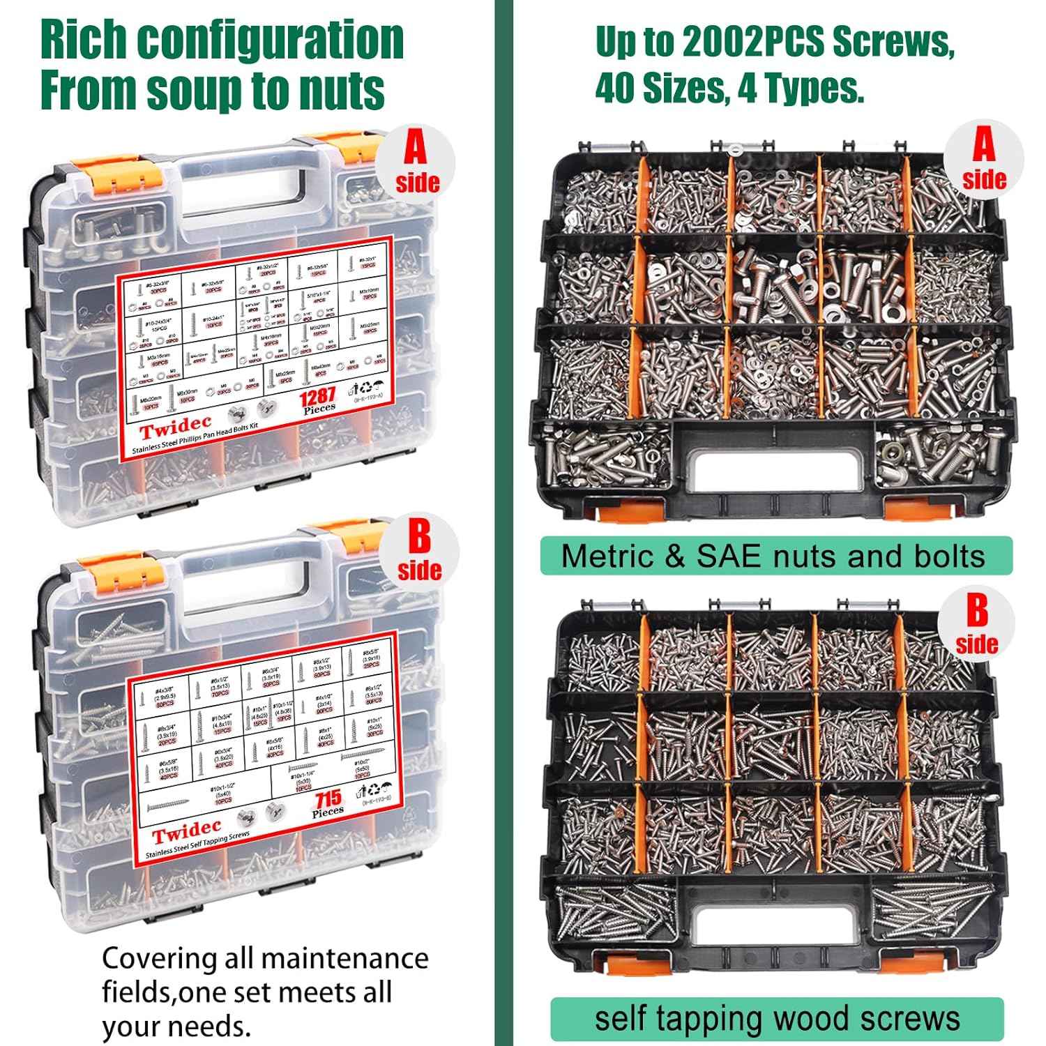 2002PCS Stainless Steel Hardware Assortment Kit - Metric & SAE Screws, Nuts, Bolts & Washers with Organizer Box