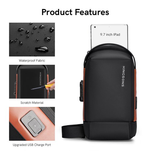 Kingsons Anti Theft Crossbody Bag Sling Backpack Mini Travel Sling Man Bag TSA lock with USB Charging Port Small Chest Shoulder Side Backpack for Traveling, Leisure, Commuting,Fit for 9.7" ipad