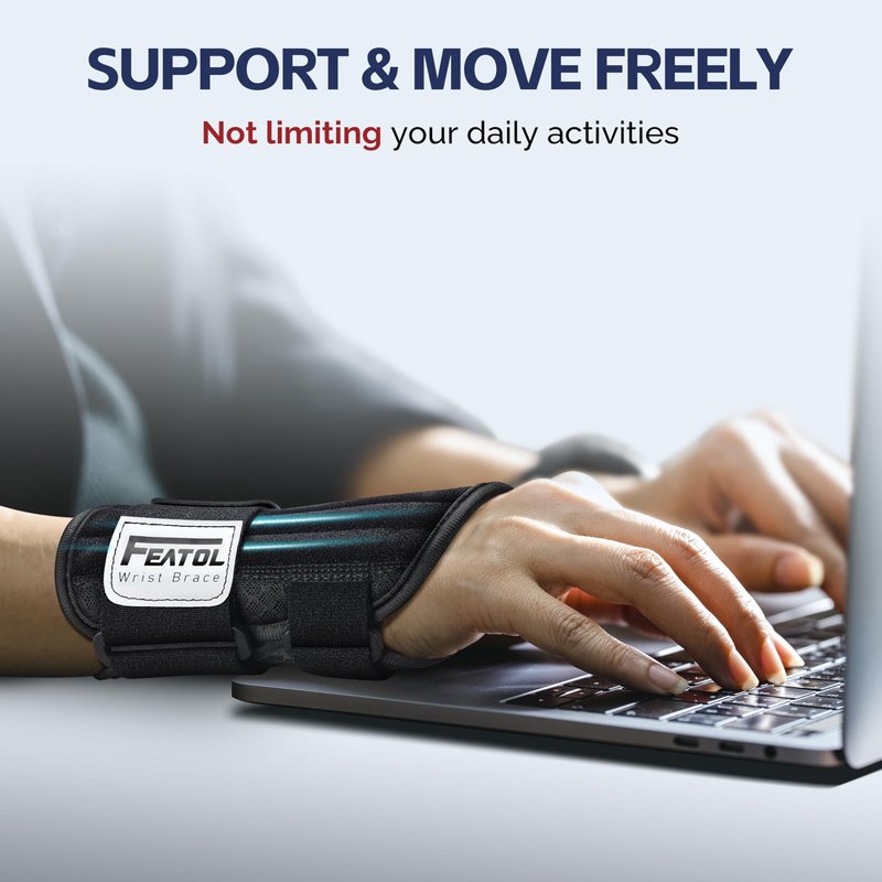 FEATOL 2 Pack Carpal Tunnel Wrist Brace For Work With Wrist Splint, 6.5'' Wrist Brace Night Support For Women Men, Pain Relief For Tendonitis, Arthritis, Pregnancy, Typing, Right and Left Hand, Medium