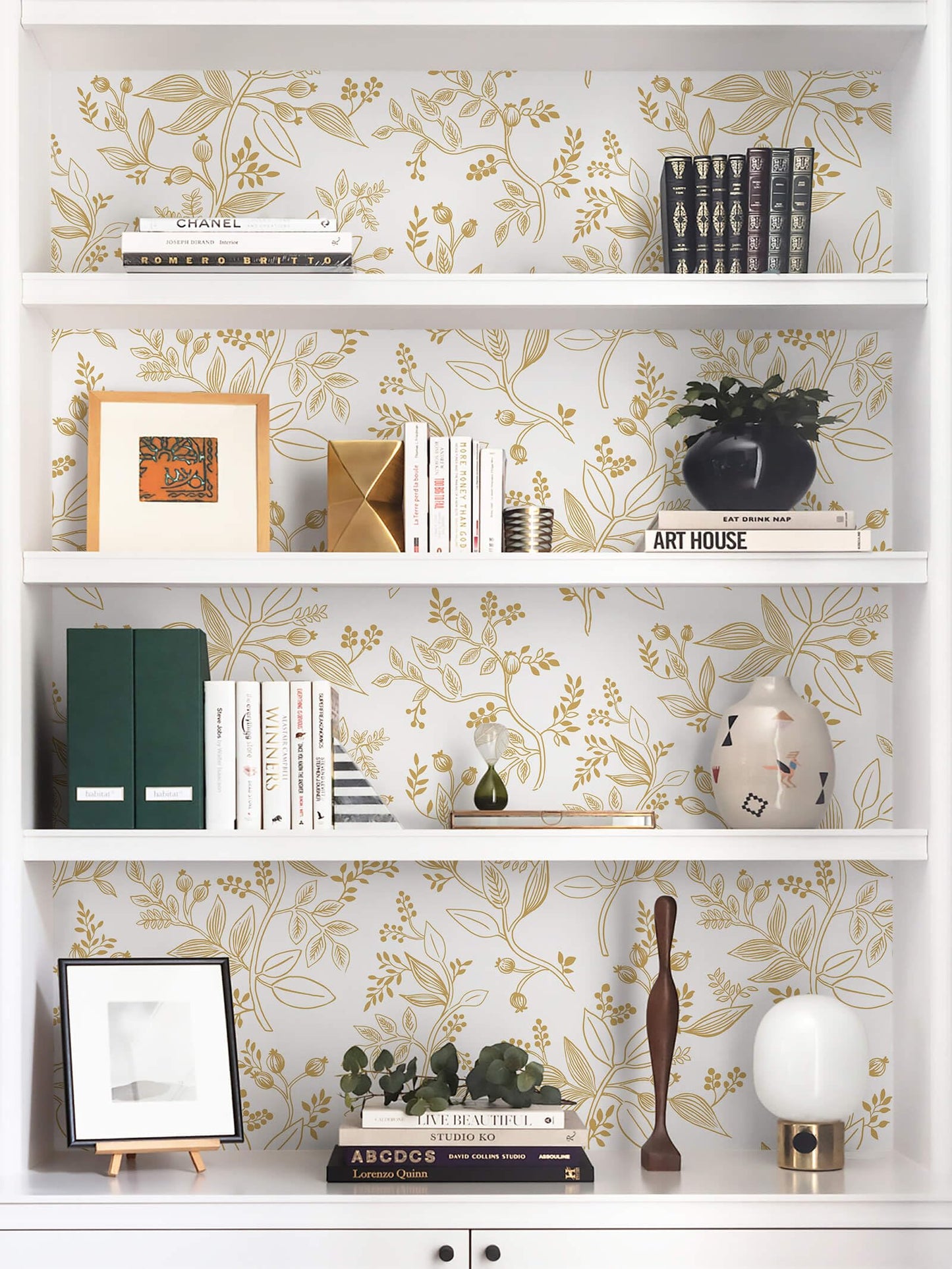 Heroad Floral Wallpaper Peel and Stick White and Gold Contact Paper Modern Removable Contact Paper for Cabinets and Drawers Bathroom Vinyl Roll Self Adhesive 78.7" x 17.3"