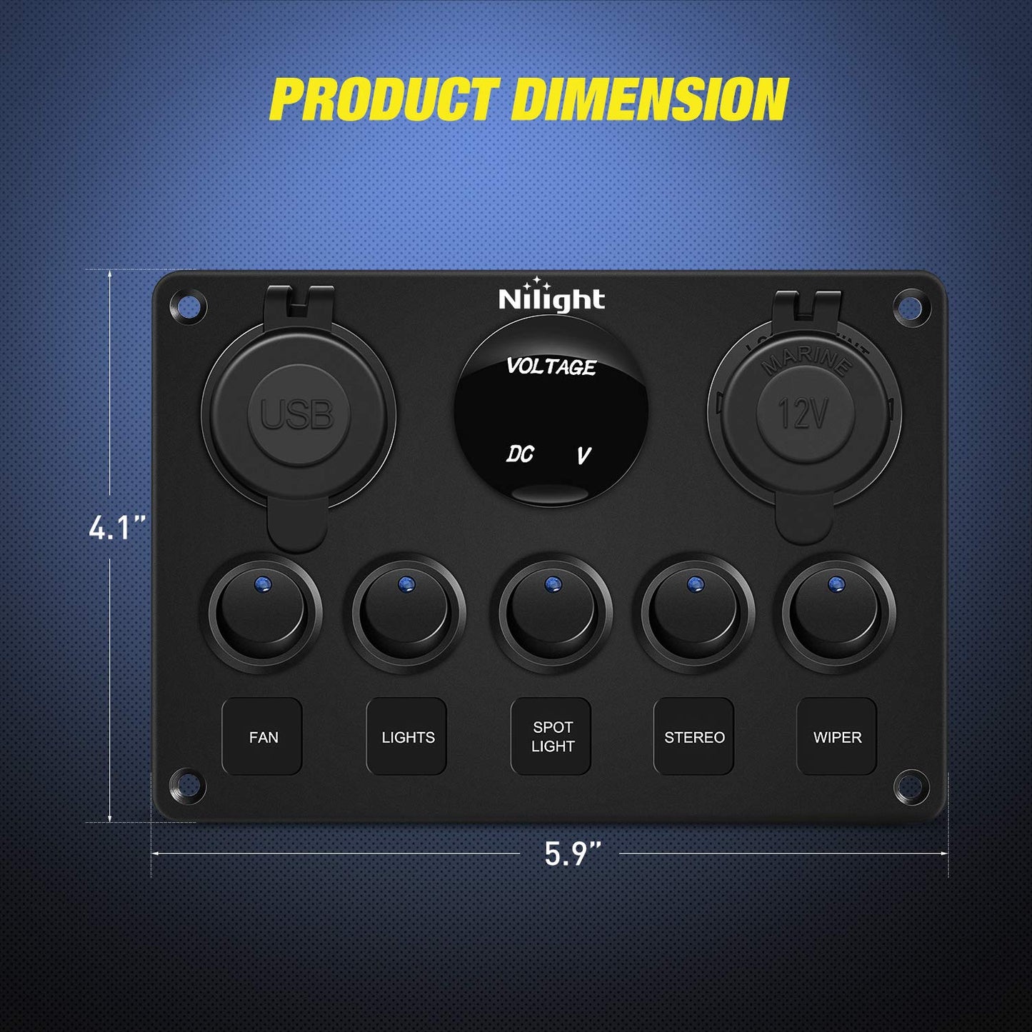 Nilight 90101E Multi-Function 5 Gang Rocker Switch Panel - Dual USB Charger & Digital Voltmeter for RV, Boat, Truck | Pre-Wired with Circuit Breakers, Blue