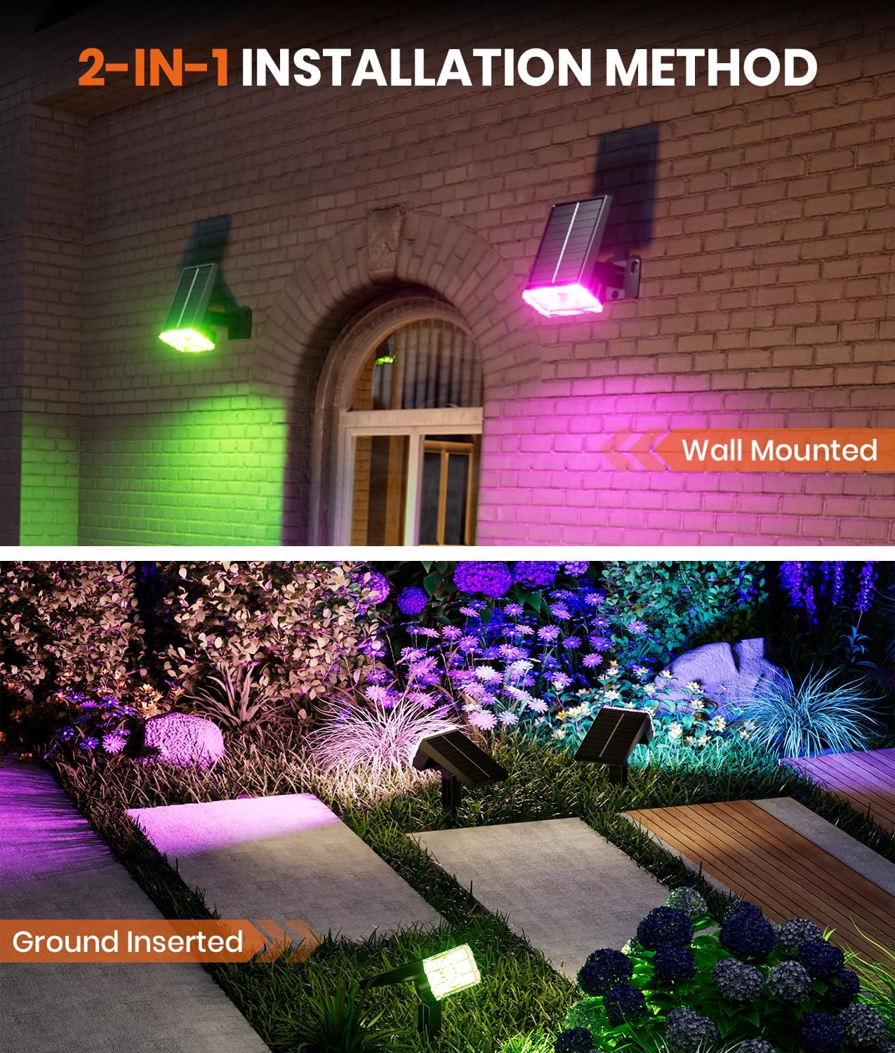 Adjustable Solar Spot Lights Outdoor - 3 Color Modes, IP67 Waterproof, 2-in-1 Wall & Pathway Lighting for Garden, Yard, Patio & Landscape