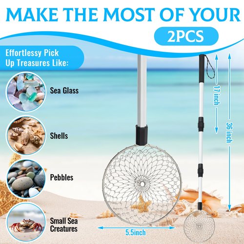 Roshtia 2 Pcs Sand Sifter for The Beach, 22"-33"/17"-36" Shell Scooper Adjustable Beach Shark Tooth Sifter Sand Shovel with Retractable Long Handle for Picking Collecting(5.5", 22"-33" Handle)