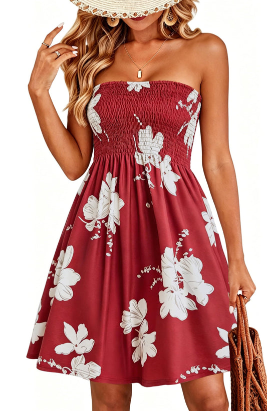 Sundresses for Women Casual Beach Summer Strapless Coverups Tube Tops Off The Shouder Dresses (WineRed,M)