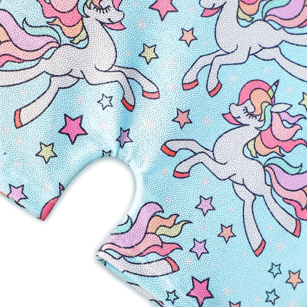 HOZIY Toddler Girls Leotards for Gymnastics Blue Unicorn Rainbow Stars Sky Aqua With Shorts Kids Leo Unitard Tumbling Outfits Biketard Leotardos Para Gimnasia Ninas Preschool