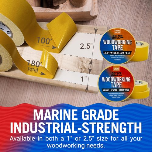 Better Boat Double-Sided Woodworking Tape - Heavy-Duty, Removable, No Residue | 1 in x 180 Ft