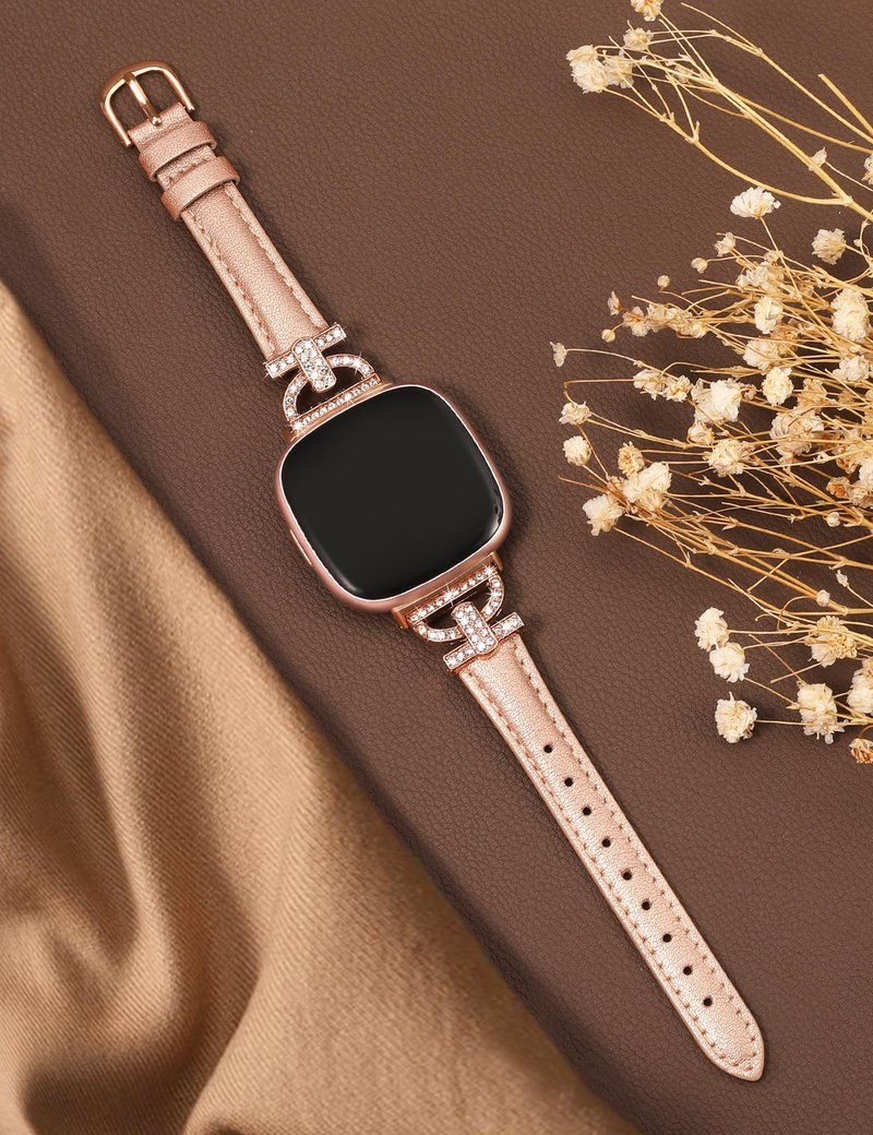 Minyee Leather Bands Compatible with Fitbit Versa 4/Versa 3/Sense 2/Sense Band for Women, Dressy Bling Slim Leather Strap with D-shaped Diamonds Metal Buckle for Versa 3
