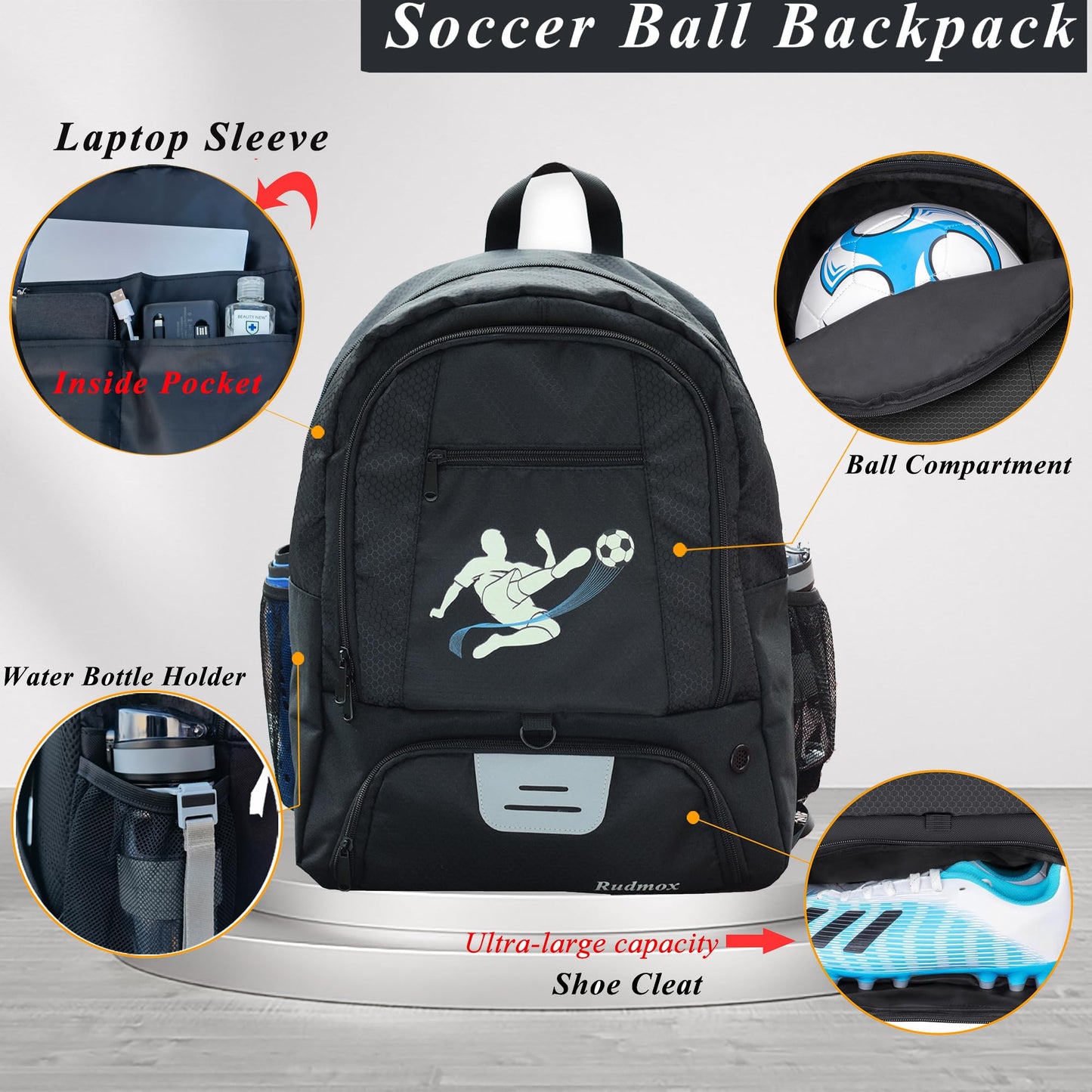 Rudmox Soccer Ball Bag-Backpack for Basketball,Volleyball with Cleat Shoes and Ball Compartment for Sports Team,Trainning(Brighten Black New)
