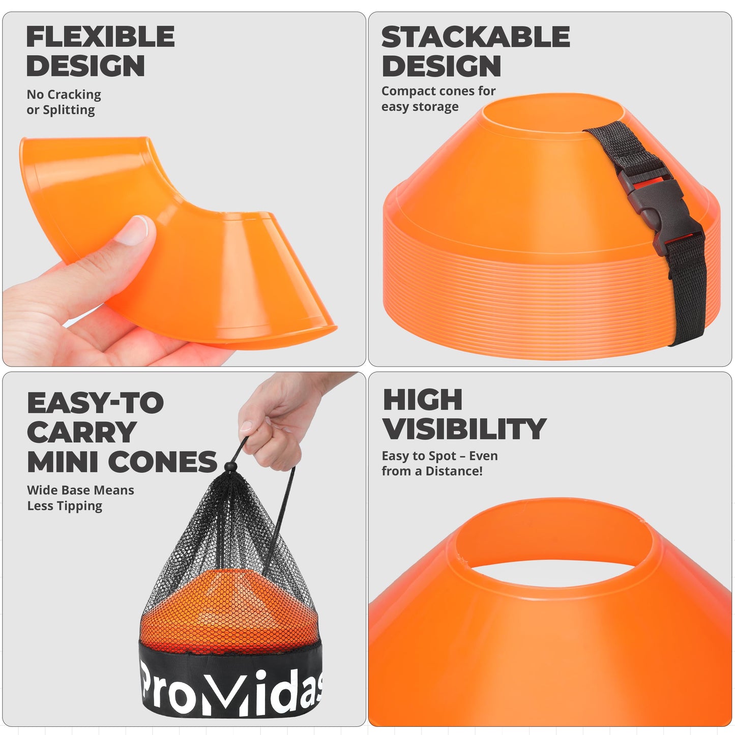 ProMidas Mini Cones for Sports - Better Space Utilization - Comes with Shoulder Strap - for Agility Training Drills (Orange - 25 Pack) (MC-Orange-25)
