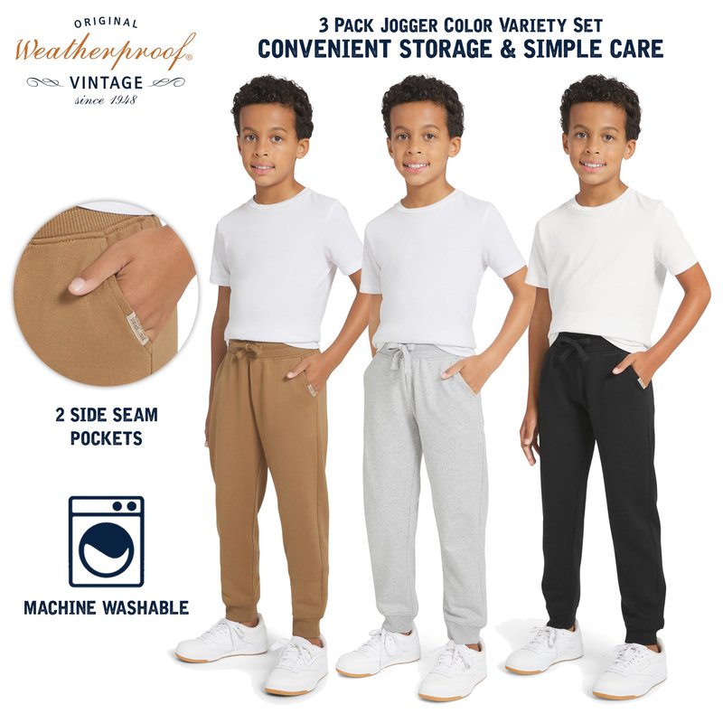 Weatherproof Vintage Boys' 3 Pack Variety Midweight Super Soft Fleece Lined Stretchable Jogger Pants, Tan Grey Black Set, X-Large