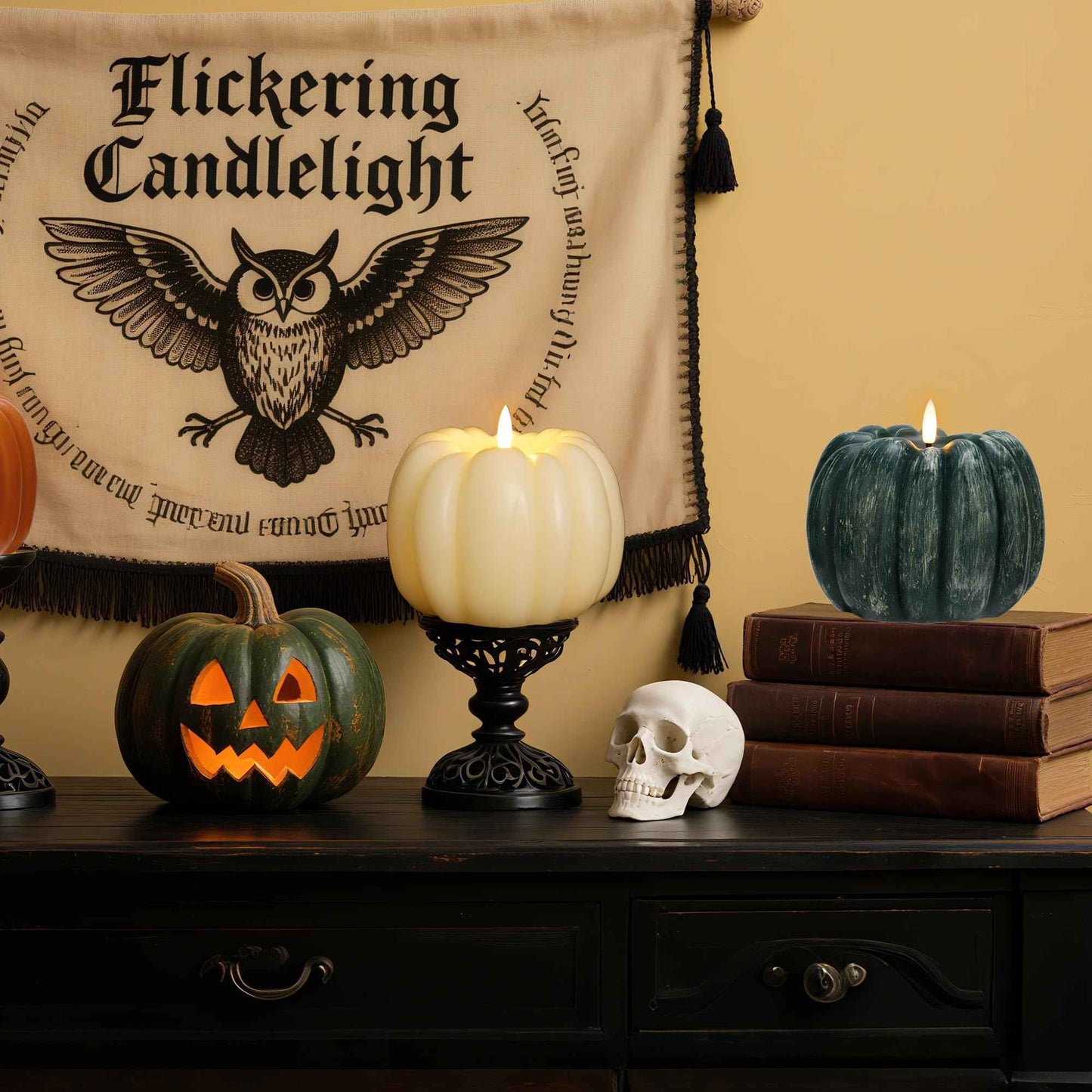 AFINETH Fall Pumpkin Flameless Candles Flickering LED Candles Battery Operated for Home,Halloween,Thanksgiving, Green