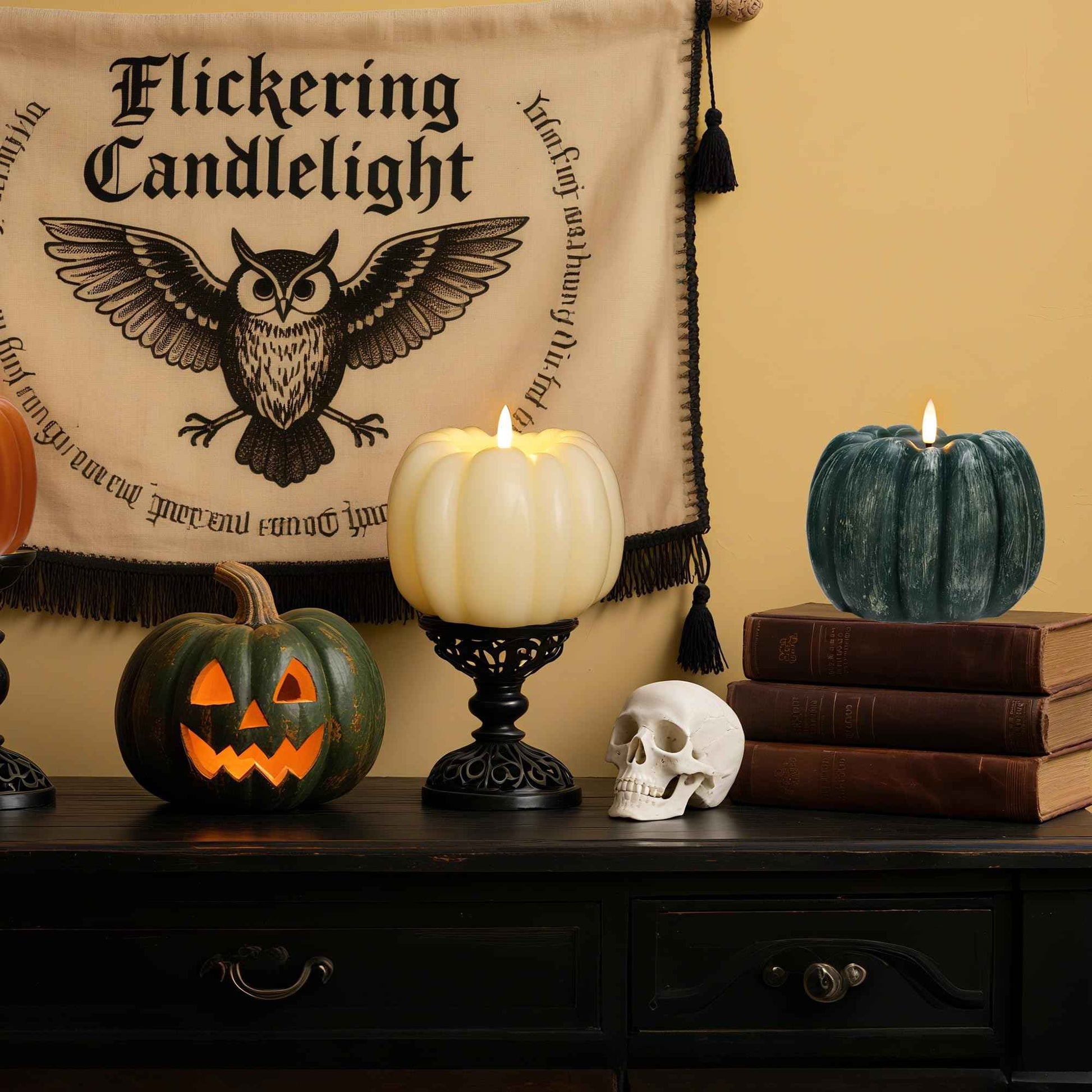 AFINETH Fall Pumpkin Flameless Candles Flickering LED Candles Battery Operated for Home,Halloween,Thanksgiving, Green