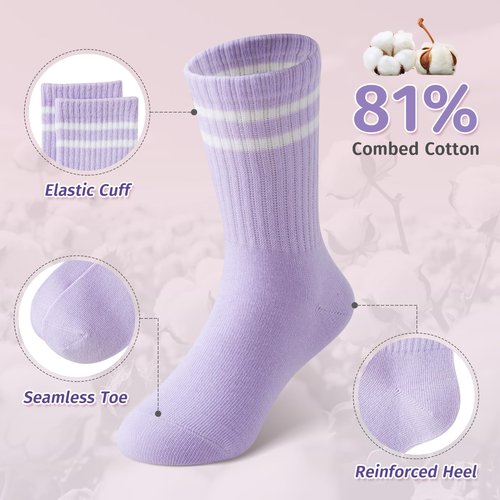 Sockswift Girls Socks Kids Cotton Socks Pink Crew Athletic Socks with Stripes 5 Pairs