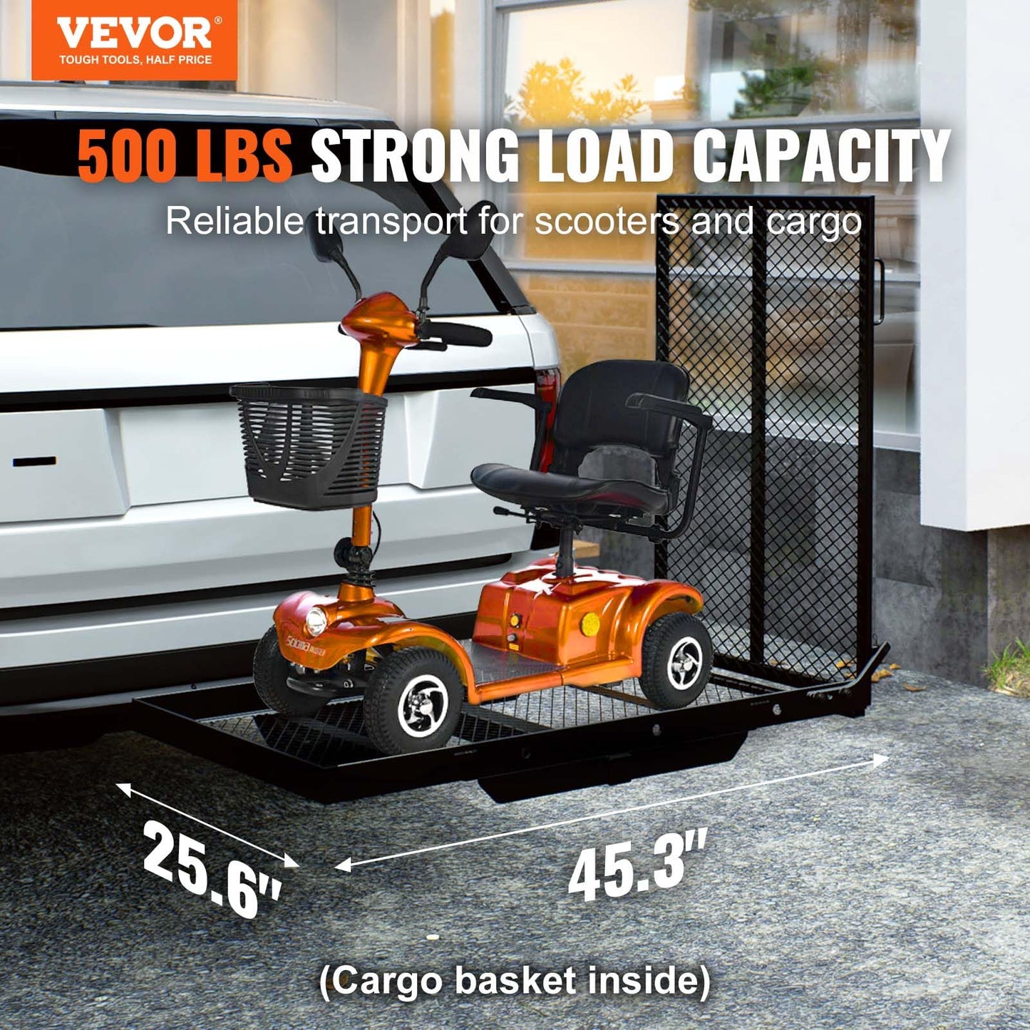 VEVOR Hitch Mount Wheelchair Carrier, 500LBS Mobility Scooter Carrier with Folding Ramp, Iron Trailer Hitch Rack Basket with Stabilizer, Straps, Fit 2" Hitch Receiver for SUV Van Car, 45.3" x 25.6"