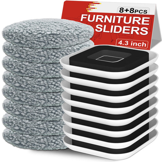 Kiss Core New Upgrade Furniture Movers Sliders, 8+8 Pack 4.3" Multi-Surface Furniture Sliders with Groove Design, 8PCS Moving Pads and 8 Hardwood Socks, Protect Floor and Easily Move Furniture