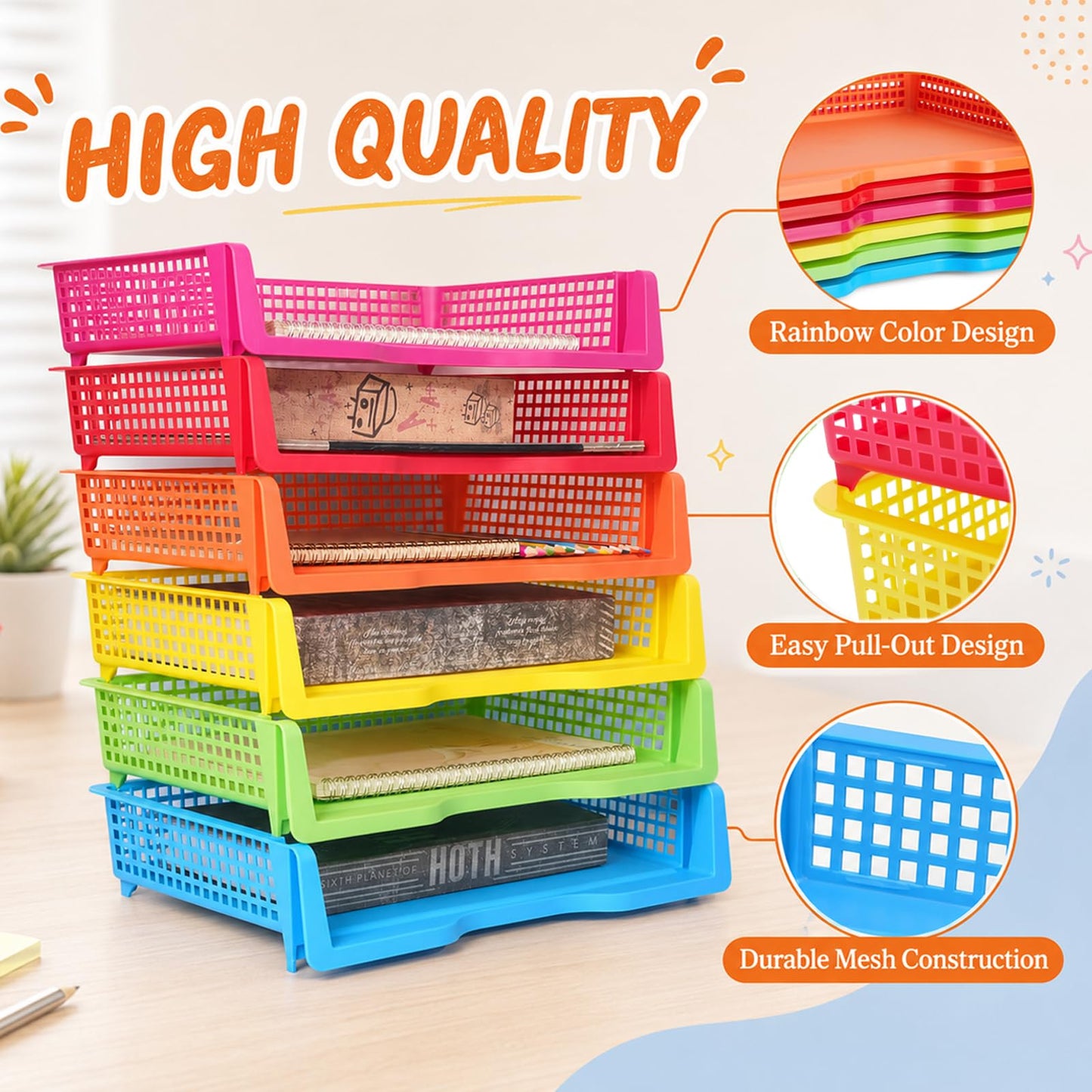 ZZYFGH 6 Pack Turn in Trays Classroom, Colorful Turn in Trays for Teachers, Plastic Classroom Paper Organizers, Stackable Tray for Classroom, Library, Drawers, Office Desk(13.4 * 9.5 * 2.7in)