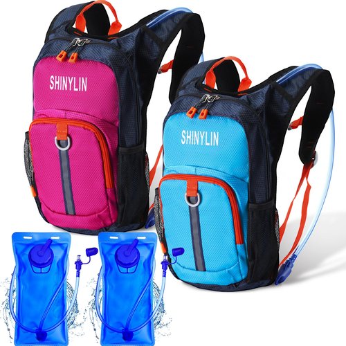 Shinylin 2 Pcs Kids Hydration Backpack with 1.5L Water Bladder Lightweight Kids Hiking Backpack Water Rucksack for Boys Girls Climbing Running(Blue, Purple,Classic)
