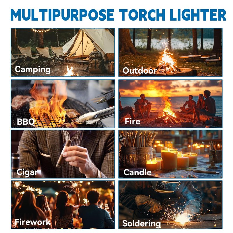 ZMQW Torch Lighter, Camping Lighter, Windproof Adjustable Red/Blue Big Jet Flame Butane Lighter with Safety Lock, Refillable Gas Butane Torch for Grill Campfires Kitchen Candles Fireplace BBQ, Gift