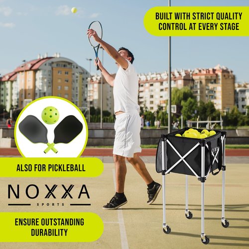 NOXXA Tennis and Pickleball Ball Hopper with Pickup Tube – Pickleball Tennis Ball Basket with Wheels, 150 Tennis Ball or 120 Pickleball Ball Holder Capacity, Indoor and Outdoor
