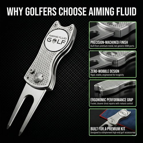 Aiming Fluid Golf Divot Repair Tool – Precision Switchblade Design, CNC-Machined Metal Body, Magnetic Ball Marker, Zero-Wobble Hinge – Premium Golf Accessory (Silver)
