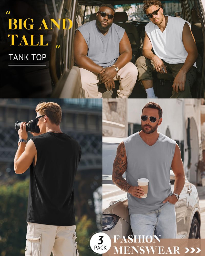 Evervibe 3 Pack Mens V Neck Tank Tops 95% Cotton Sleeveless Big and Tall Muscle Cut Off Shirts Gym Workout Tee(Black, White, Gray,Large)