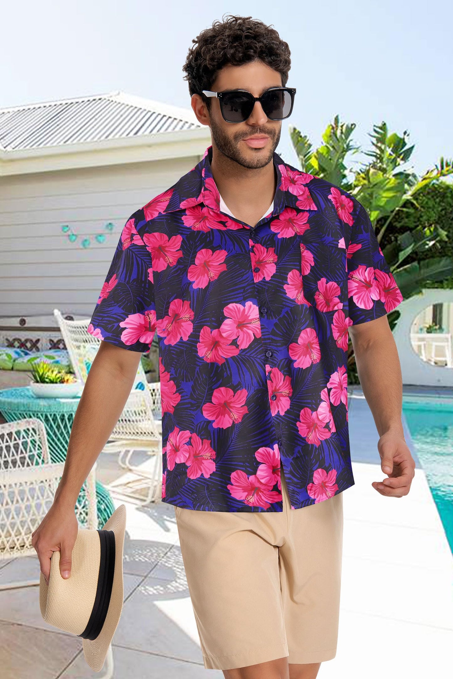 Mens Hawaiian Shirt Short Sleeve Summer Beach Casual Tops Button Down T Shirts with Pocket(Pink Navy Floral,XL)