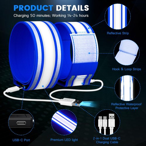 Light Up LED Armband for Running Walking at Night,Reflective Arm Bands for Runners,Rechargeable Jogging Lights,High Visibility Night Running Safety Gear Adjustable Running Women Men Kids (Blue)