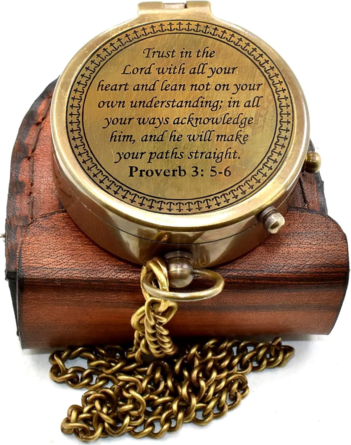 Trust In The Lord Brass Compass - Engraved Inspirational Bible Verse with Leather Case | Perfect Christian Gift for Graduation or Birthday