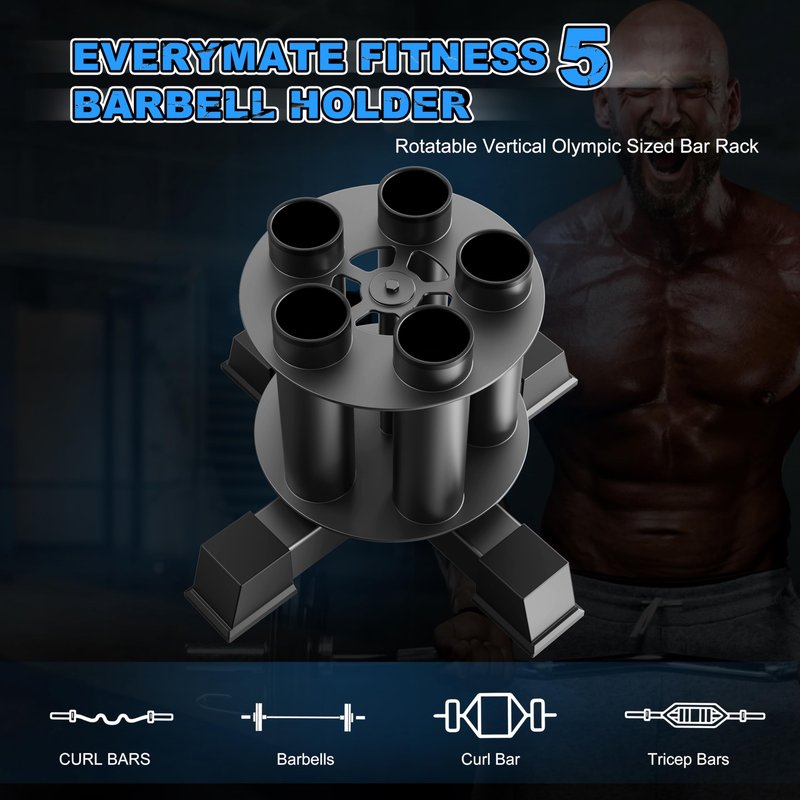 EVERYMATE Vertical Barbell Holder : Rotatable Barbell Holder Floor Stand, Heavy Duty Barbell Rack Stand Fit 2-Inch Olympic Bars, Curl Bars, Triceps Bars Home Gym Organizer Barbell Storage