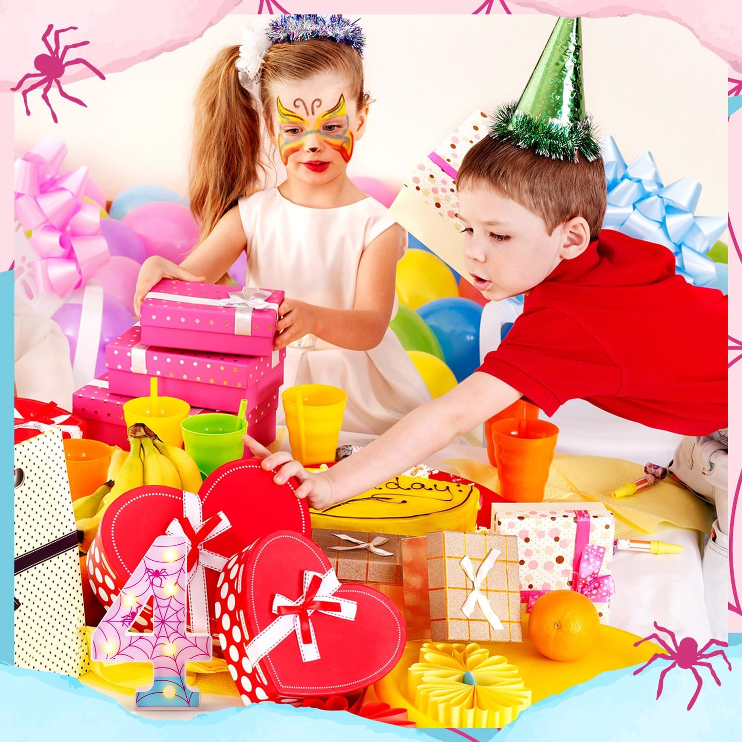 Leinuosen Spider LED Number Lights Birthday Party Decoration Pink Spider Light up Numbers Women Birthday Supplies for Marquee Night Christmas Gift Baby Shower (Number 4)