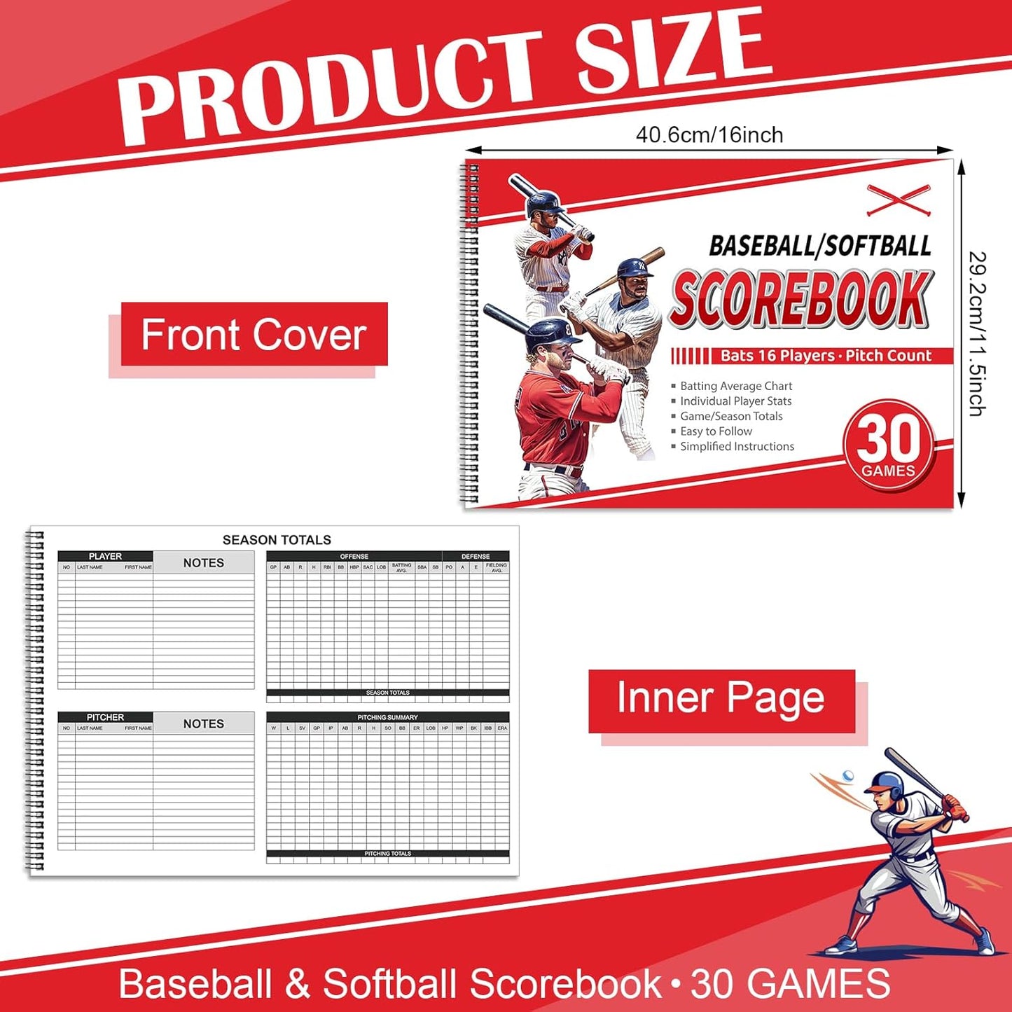 Regine Switzerland Baseball Scorebook - 2 Pcs Side by Side Design for 30 Games | 11.5x16 Size