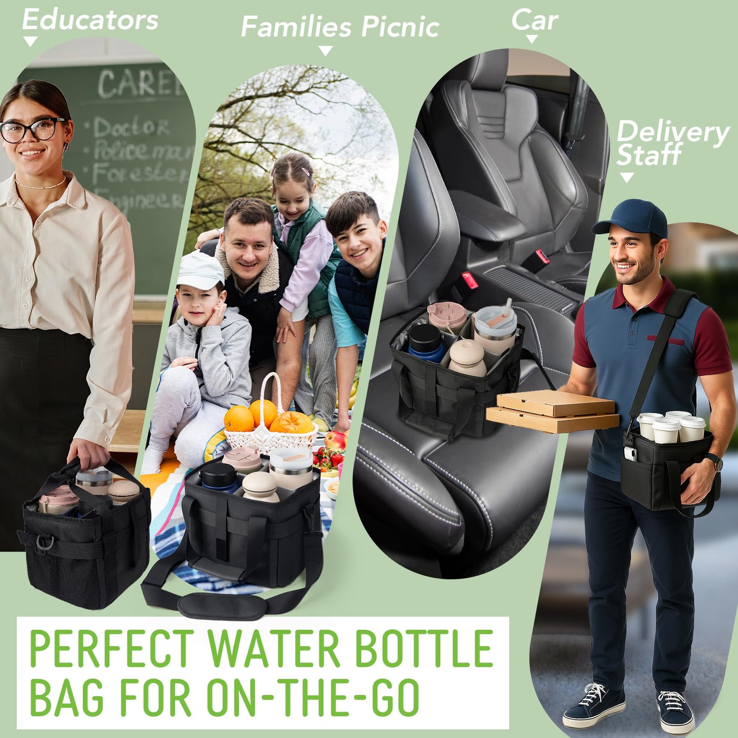 Water Bottle Bag-Water Bottle Holder with Strap, Reusable 4 Drink Carrier Caddy with Adjustable Dividers,Fits Full Size Tumblers And Cup, Multiple Bottle Organizer for Car & Outdoors