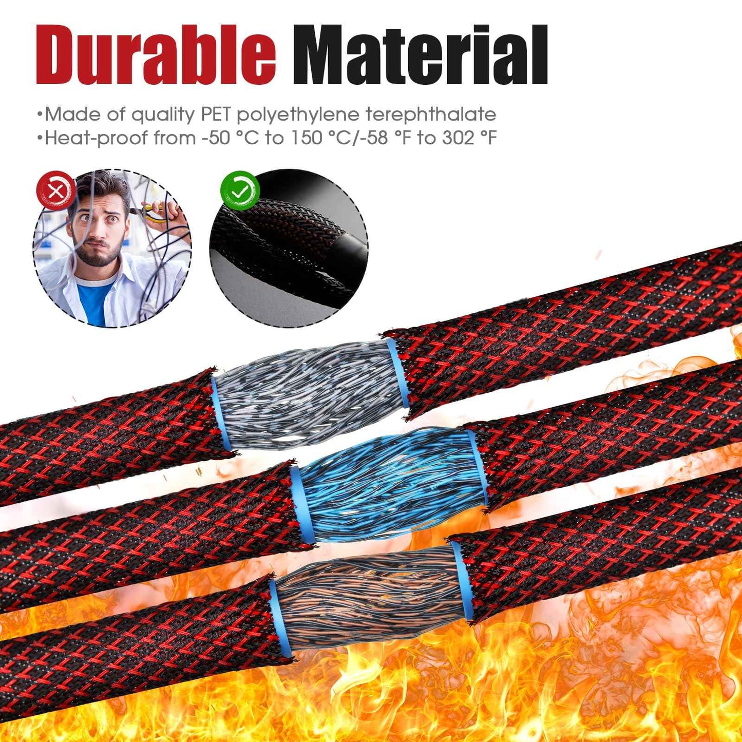 Tatuo 65.6 ft Expandable Braided Cable Sleeve Multi Size Braided Wire Sleeve with 120 Pcs Heat Shrink Tubing for Television Audio Computer Cables Video Pets,1/4 in,2/5 in,1/2 in,3/4 in(Red, Black)