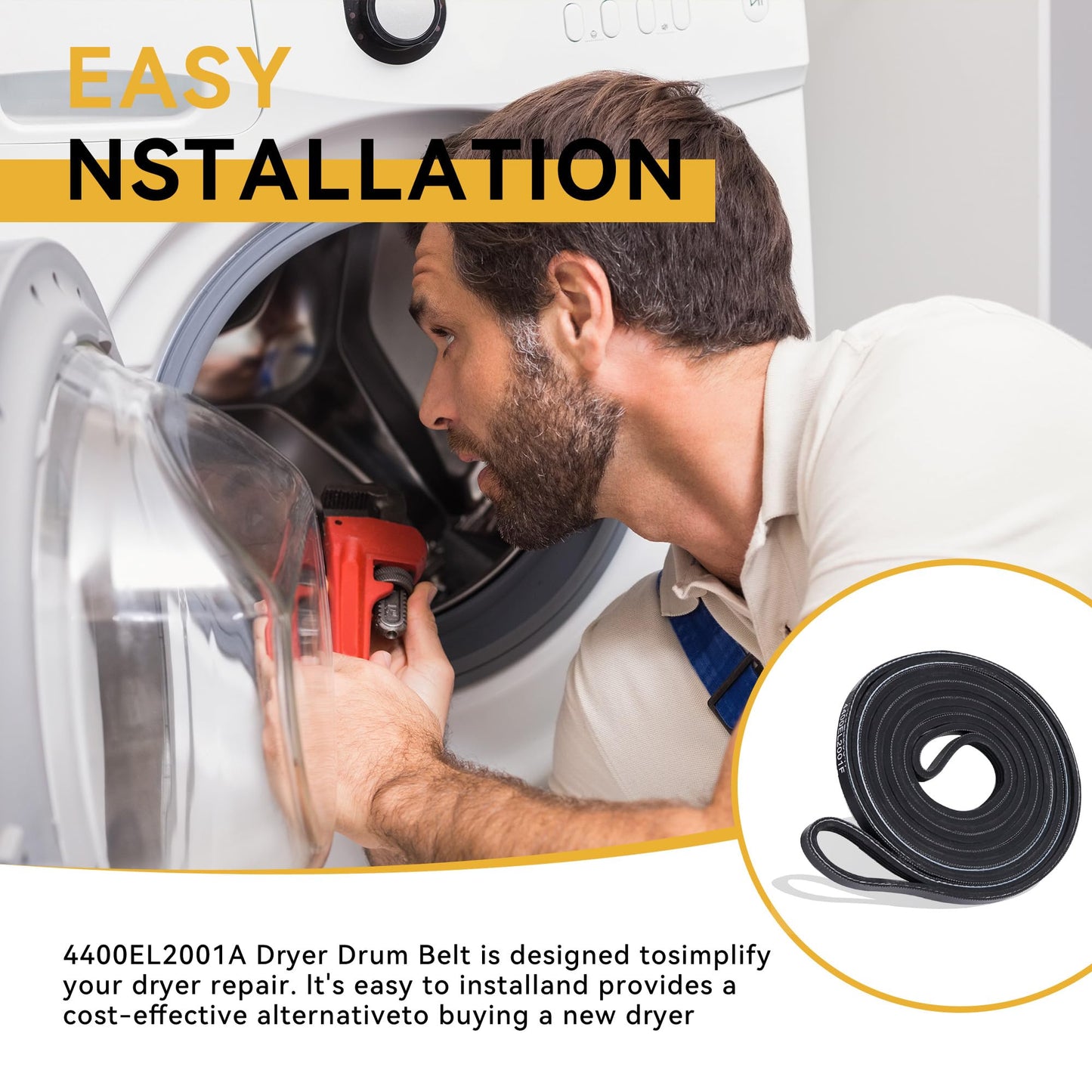 4400EL2001F Dryer Drum Belt Replacement for LG GE Kenmore Dryer Compatible with 4400EL2001A, OEM17745418, AP4436354, 1266808, 4400EL2001C, 4400EL2001E, AH3522928, EA3522928, PS3522928