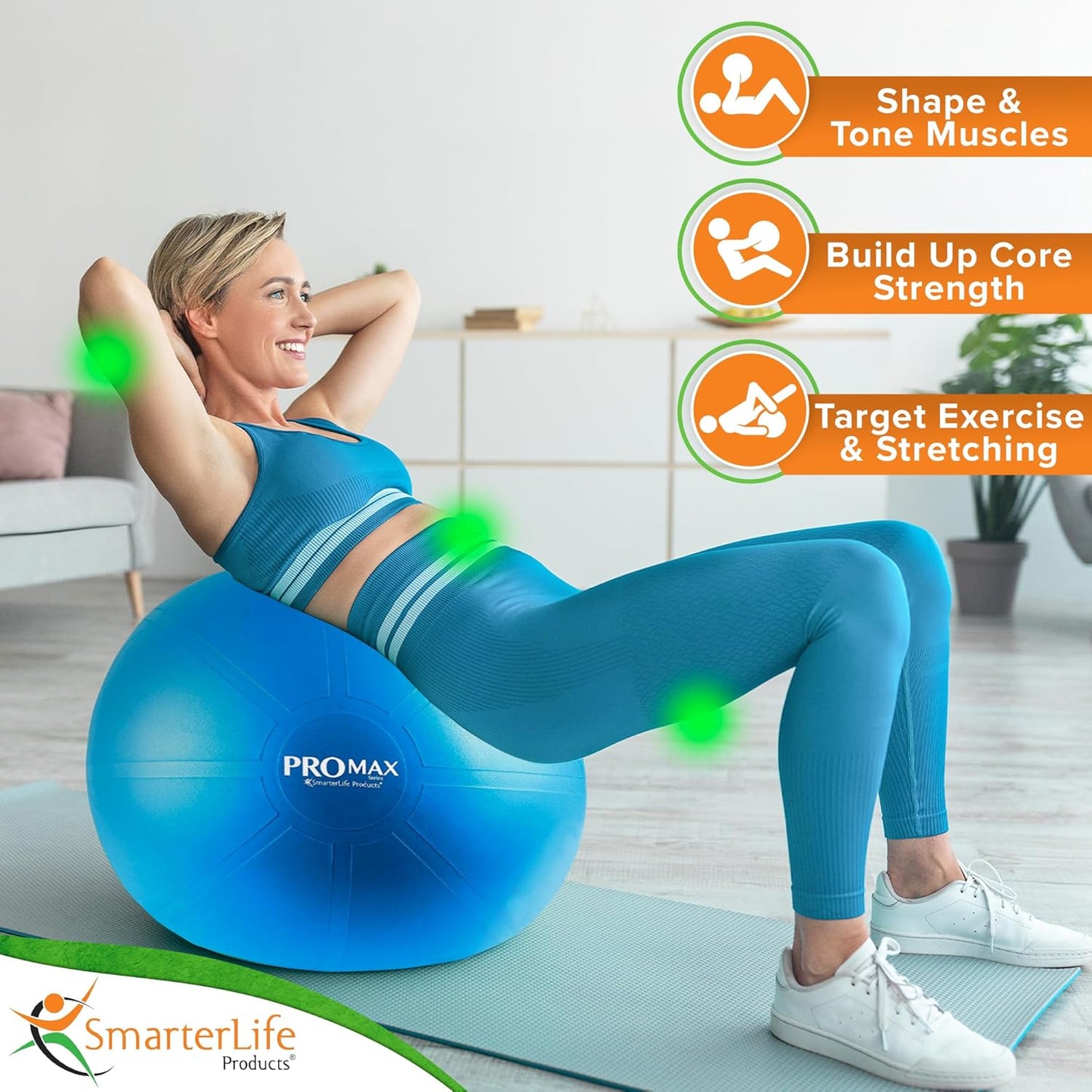 SmarterLife PRO MAX Exercise Ball - Anti-Slip Yoga & Stability Trainer for Core Workouts, Therapy & Office Use
