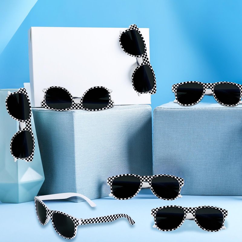 6 Pack Race Car Checkered Sunglasses White Black Frame Checker Sunglasses Bulk for Race car Party Favors Essentials & Gear Up With Hot Car Plastic Glasses for Racing Theme Birthday Supplies Gifts