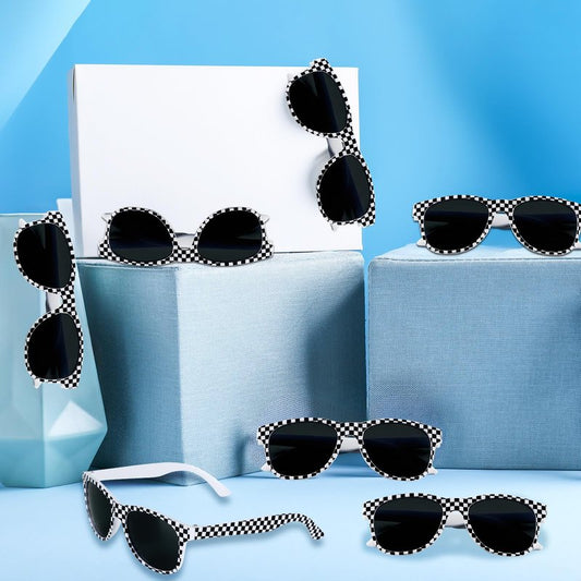6 Pack Race Car Checkered Sunglasses White Black Frame Checker Sunglasses Bulk for Race car Party Favors Essentials & Gear Up With Hot Car Plastic Glasses for Racing Theme Birthday Supplies Gifts