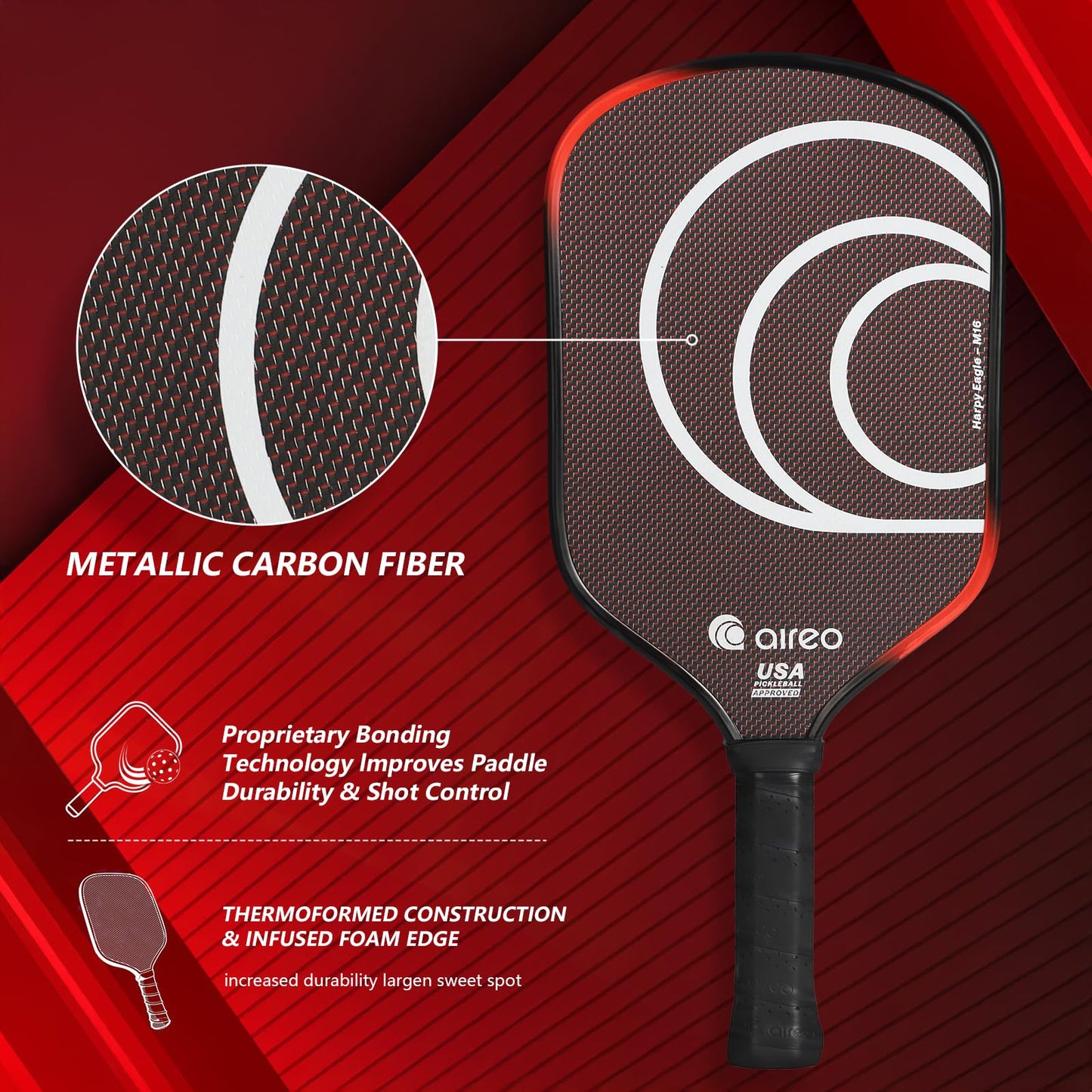 AIREO Harpy Eagle M16 Pickleball Paddle, Metallic Carbon Fiber Surface with 16MM Polypropylene Core, Elongated and Wide-Body Pickleball Paddles, USAPA Approved Pickle Ball Paddle