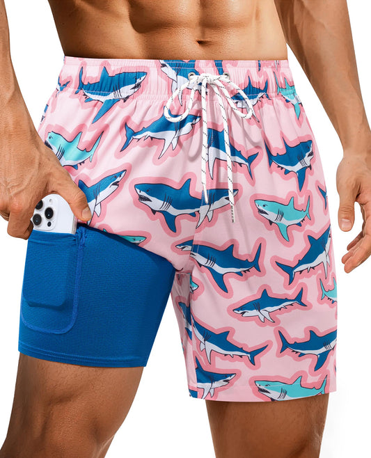 Gleeease Men Swim Trunks with Compression Liner Mens Board Shorts 7 Inch