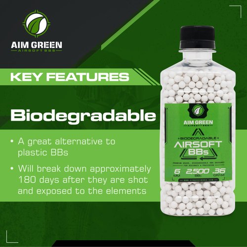 Aim Green Biodegradable Airsoft BBS, Premium-Grade 6mm Airsoft BBS, 36g, 2,500 Count