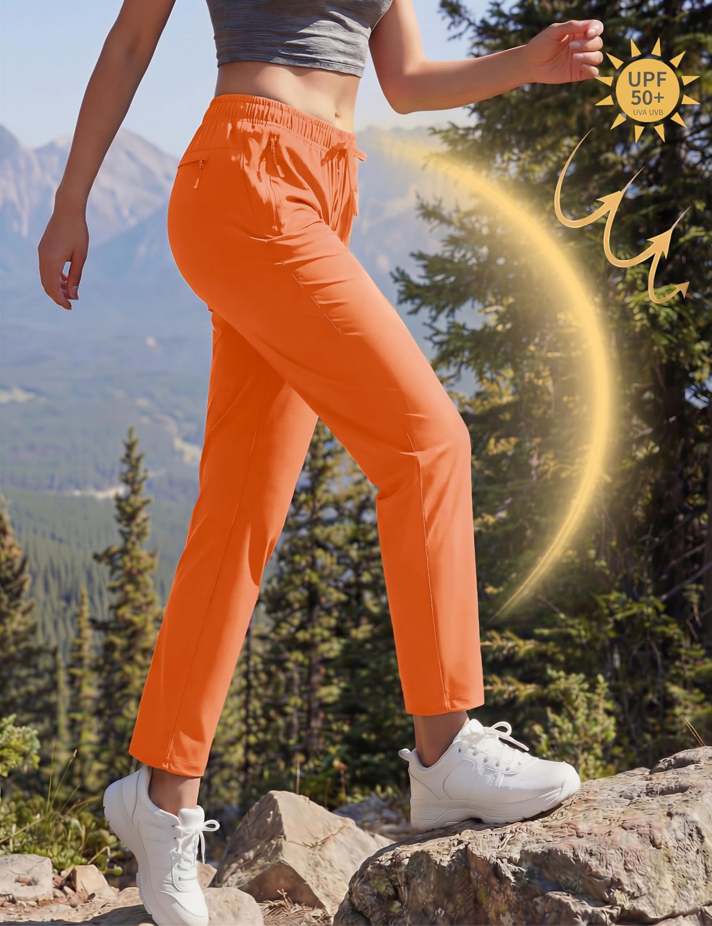 MAGCOMSEN Quick Dry Pants Women Summer Lightweight Orange UPF Travel Athletic Hiking Pants Lounge Fishing Running, L