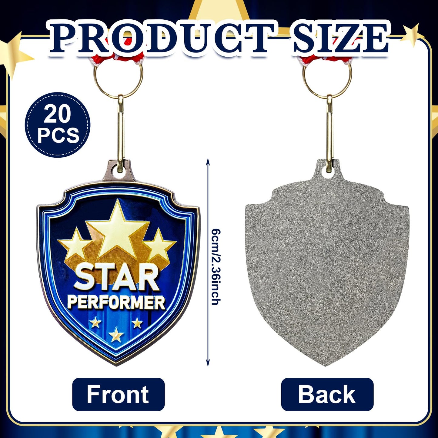 Yaomiao 10/20 Pcs 2.4'' Award Medals Bulk Gold Winner Team Participation Medals for Kids Shield Metal Trophy for Student Adults Award Prize Graduation Competitions Gift(20 Pcs,Star Performer)