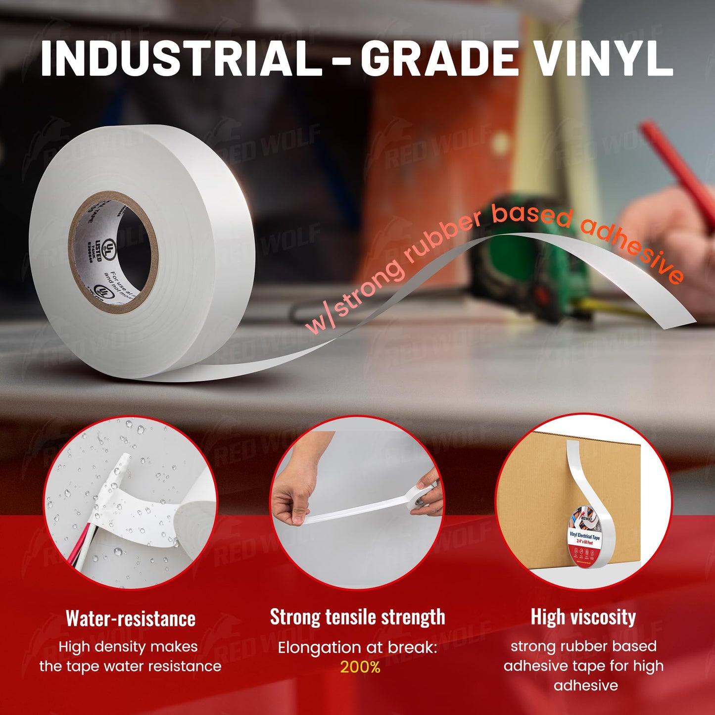 RED WOLF White Electrical Tape 3/4 in x 66ft 3 Pack, Industrial Grade UL/CSA Listed 7 Mil Thick Flame Retardant High Temp Waterproof Electrical PVC Tape Electric Super Vinyl Rated 600V