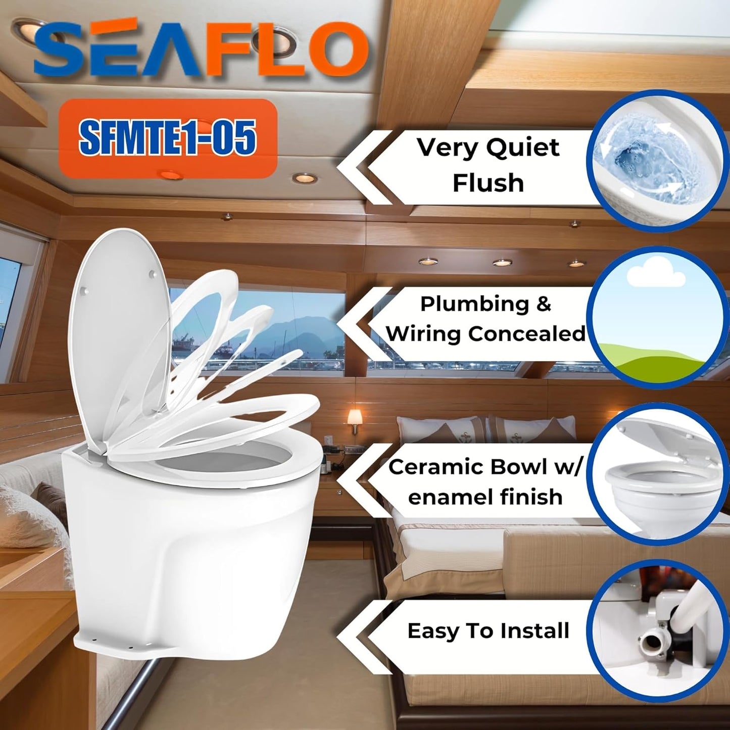 SEAFLO 12V Deluxe Electric Marine Toilet - Ceramic Bowl with Soft Close Seat & Built-In Macerator | Quiet Freshwater Flush
