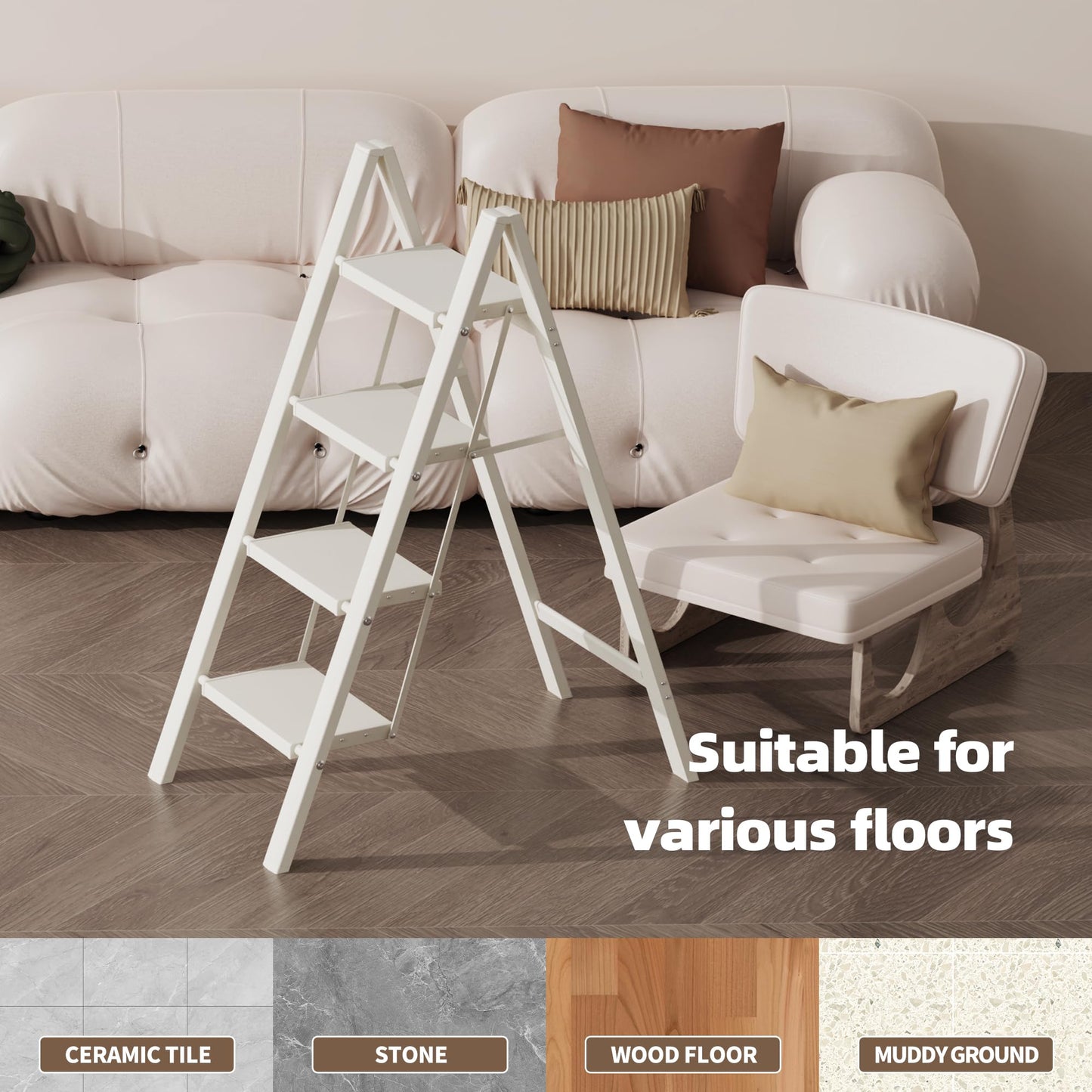 HillhutApex 4 Step Ladder, Lightweight Foldable 4 Step Stool with Anti-Slip Wide Pedal, 330lbs Capacity Aluminum Ladder for Household,Office,Garage(White)